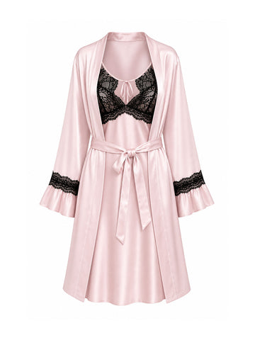 Contrast Lace Satin Slip Dress & Robe Lounge Set