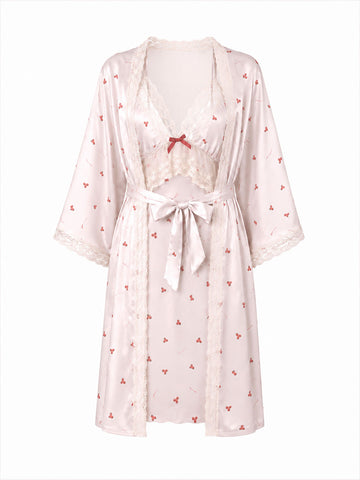 Stain Lace-Trim Short Slip Dress & Robe Set