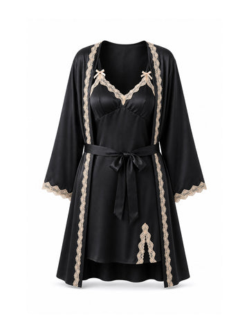 Lace-Trim Satin Short Slip Dress & Robe Set