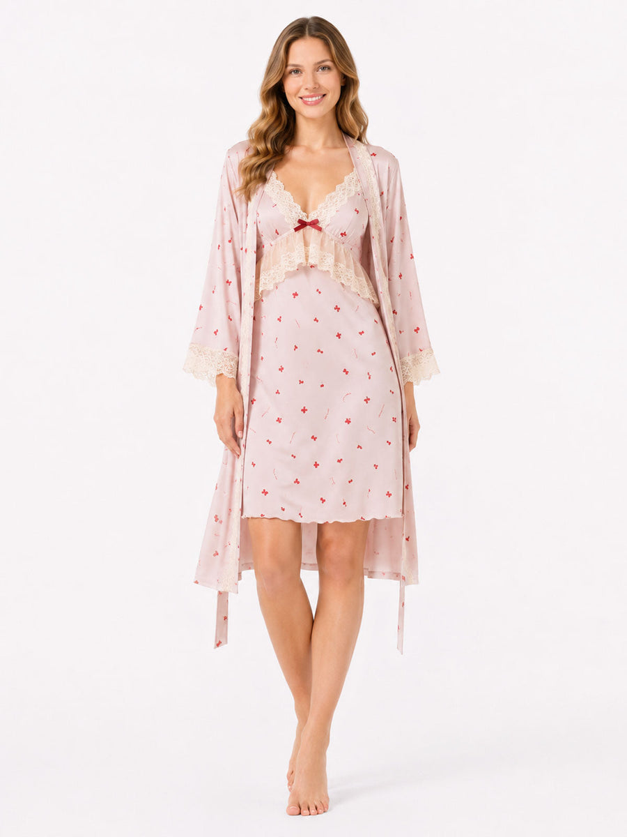 Maisie pink cherry-print satin robe front view