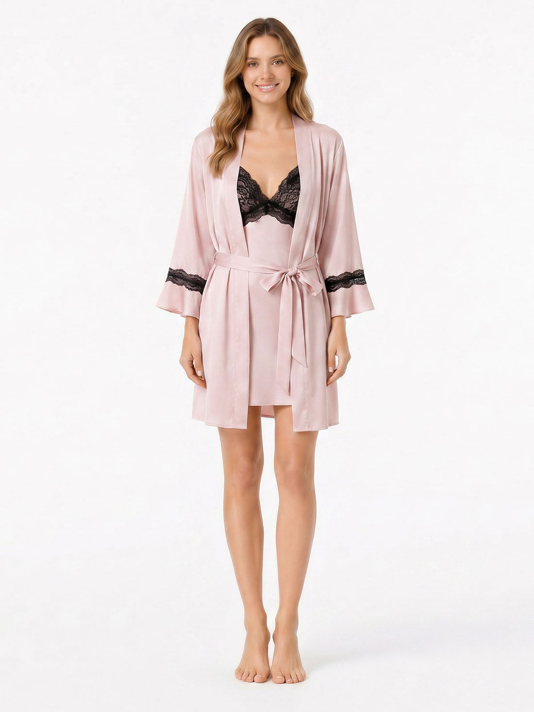 Contrast Lace Satin Slip Dress & Robe Lounge Set