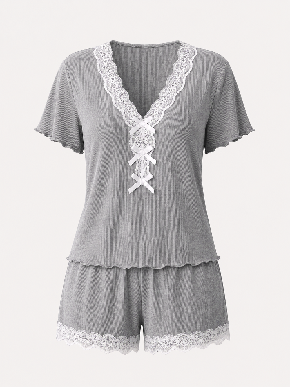 Ribbed Lace Trim Short Pajama Set - product image 1 | CERYNA