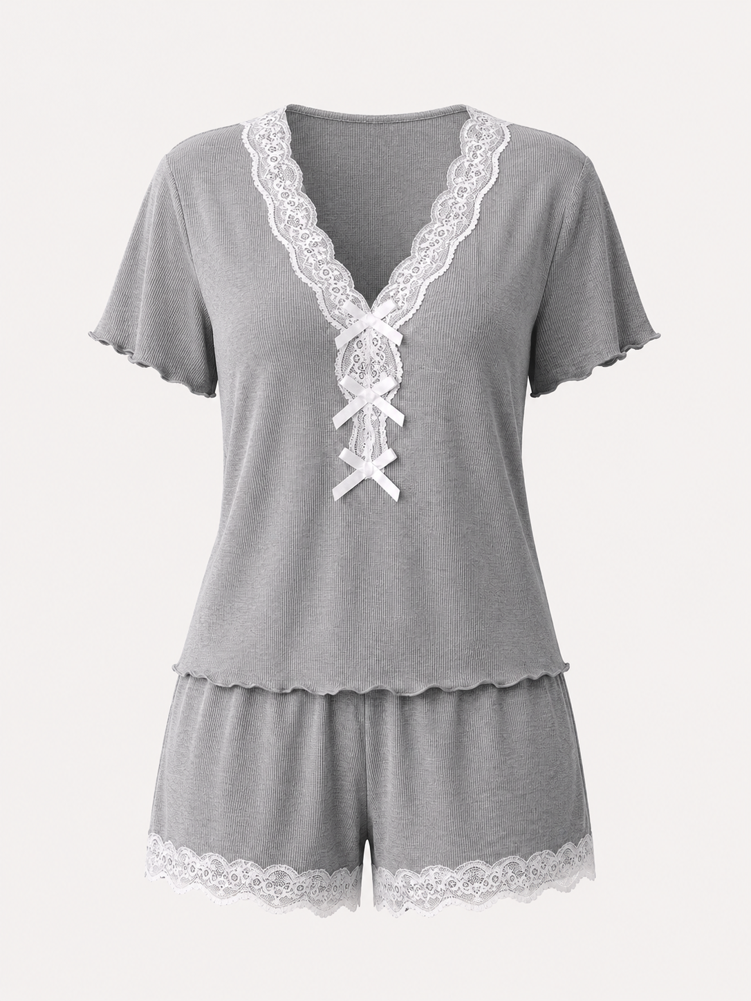 Ribbed Lace Trim Short Pajama Set - product image 1 | CERYNA
