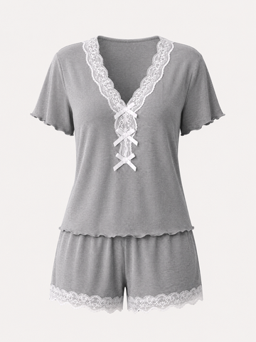 Ribbed Lace Trim Short Pajama Set