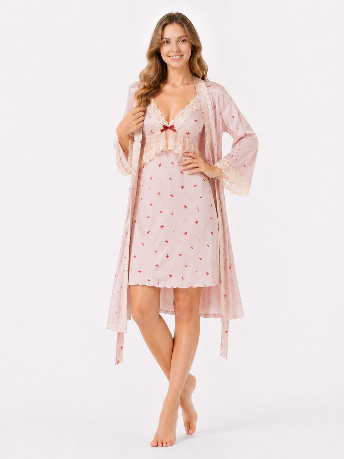 Maisie pink cherry-print satin robe angled view