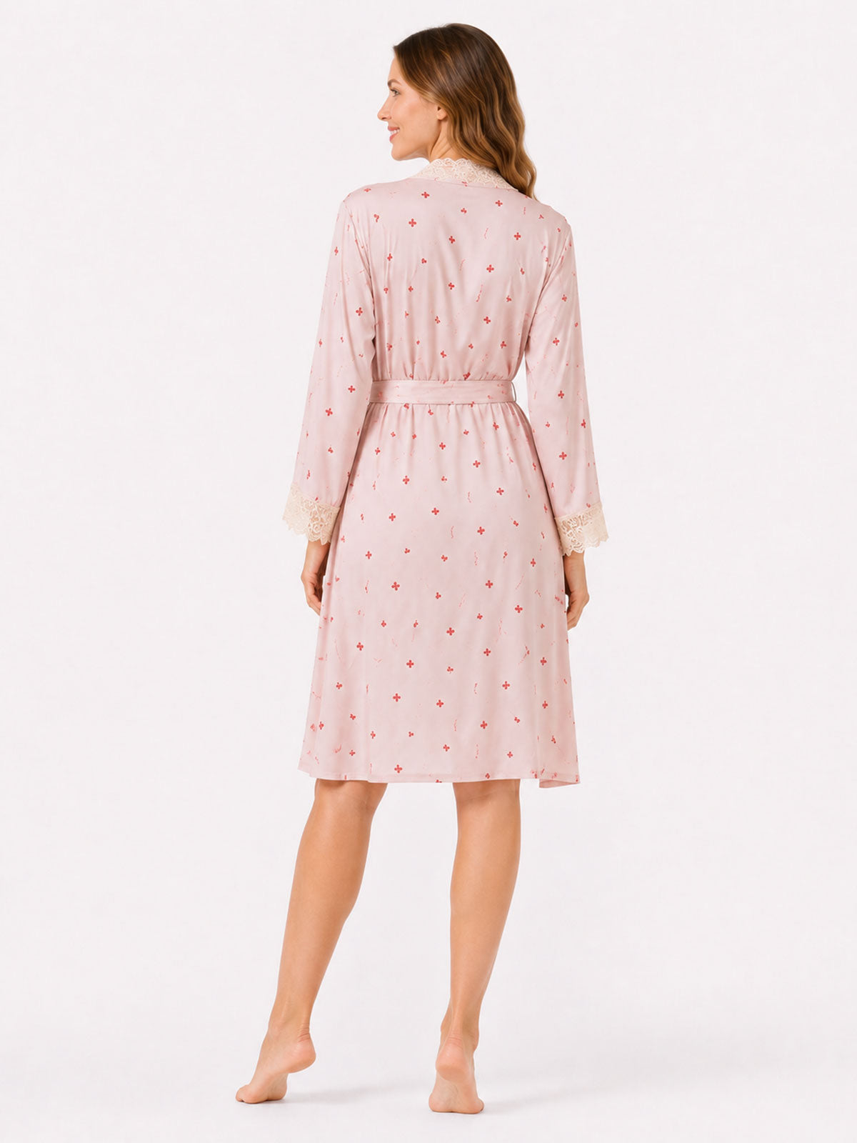 Maisie pink cherry-print satin robe back view