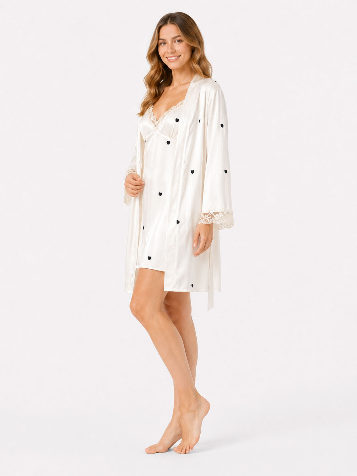 Colette beige heart-print satin robe angled view