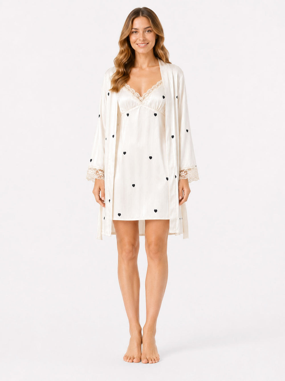 Colette beige heart-print satin robe front view