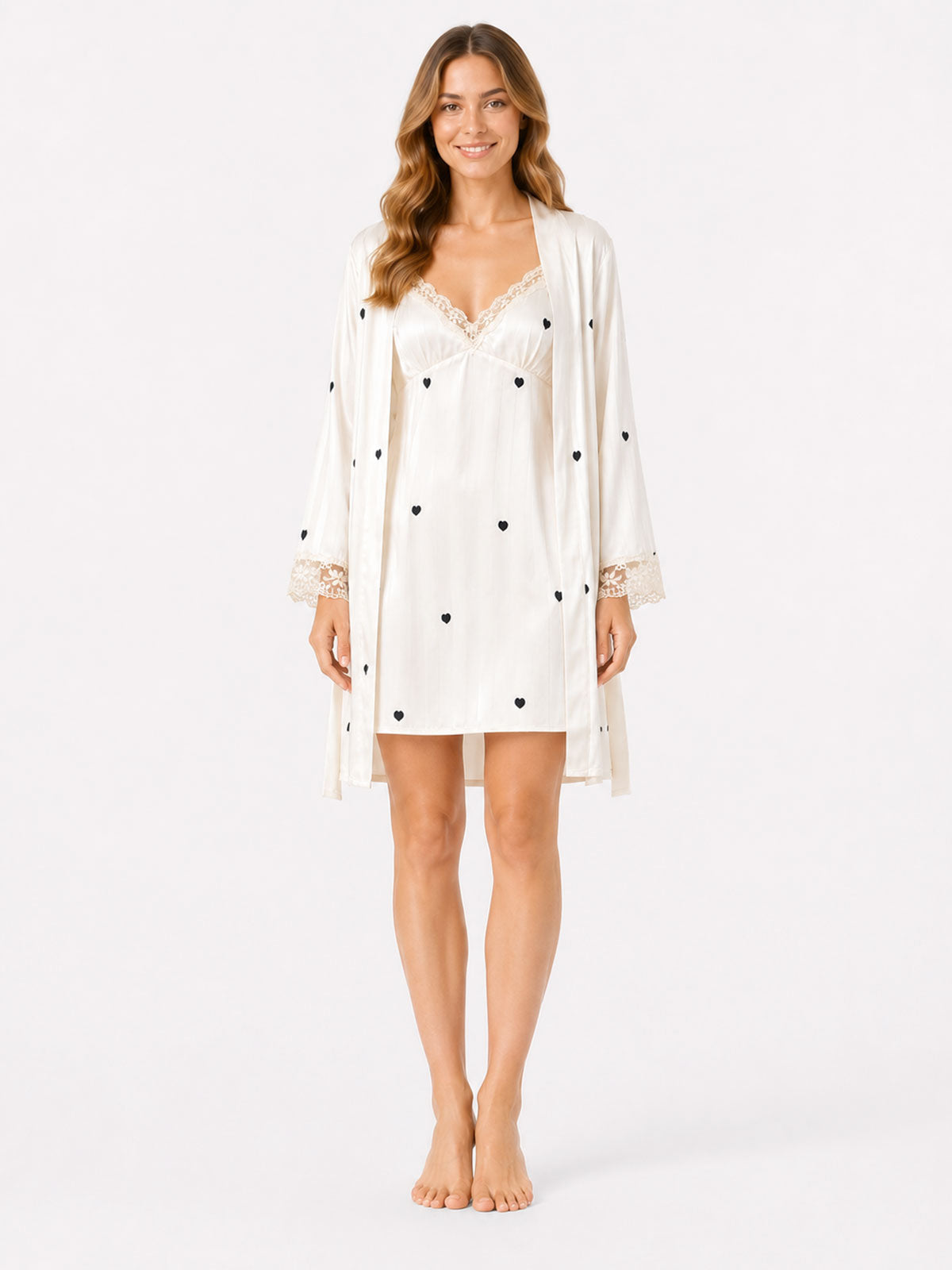 Colette beige heart-print satin robe front view