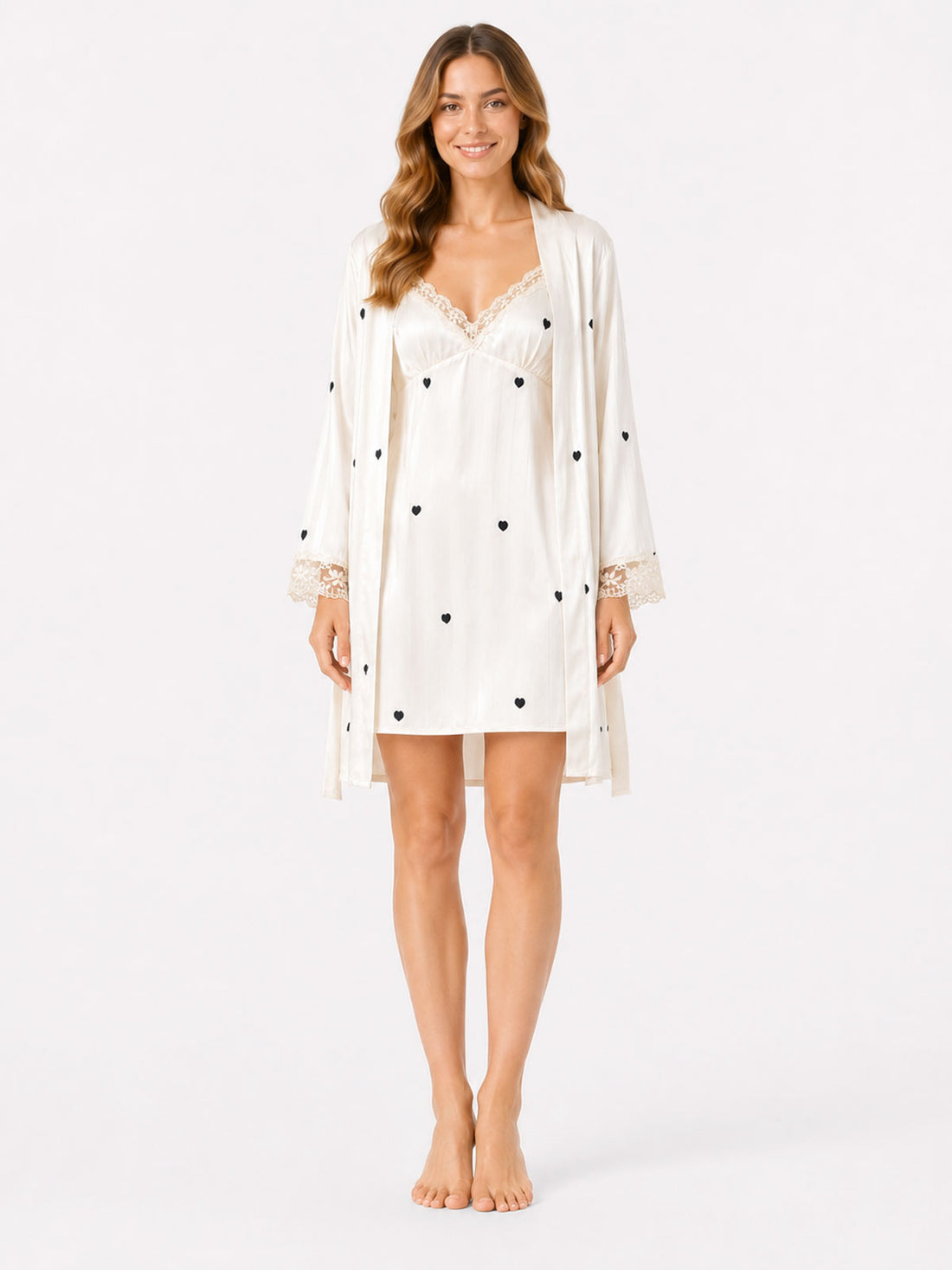 Heart Print Satin Cami Nightdress & Robe Set
