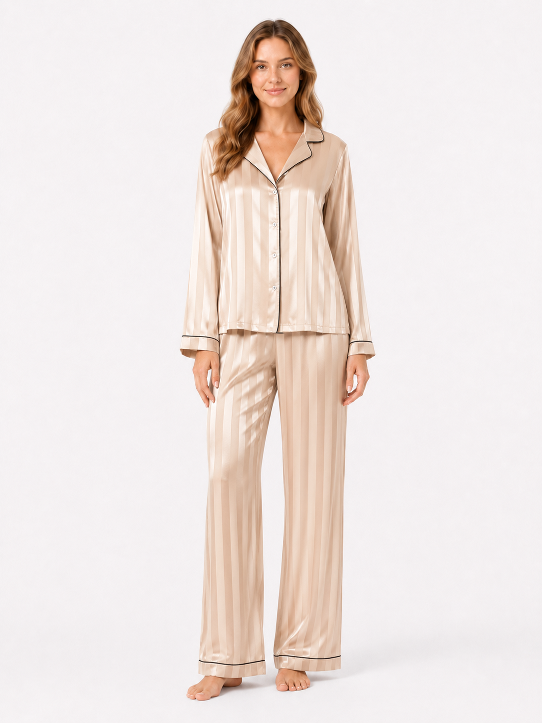 Jacquard Stripe Satin Long Pajama Set
