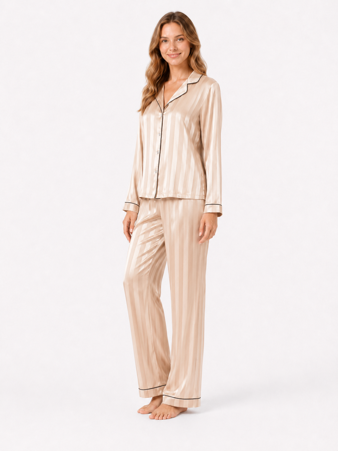 Jacquard Stripe Satin Long Pajama Set - product image 5 | CERYNA