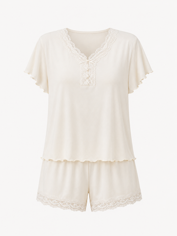 Lace Trim Flutter Sleeve Short Pajama Set