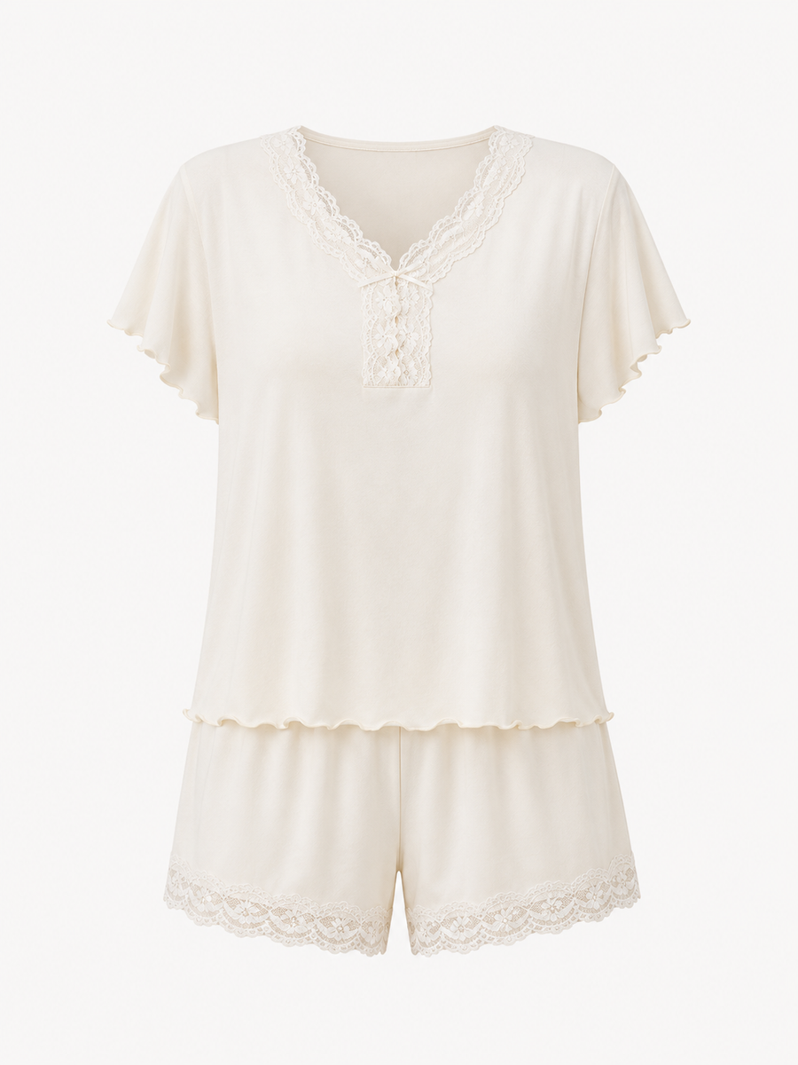 Lace Trim Flutter Sleeve Short Pajama Set - product image 1 | CERYNA