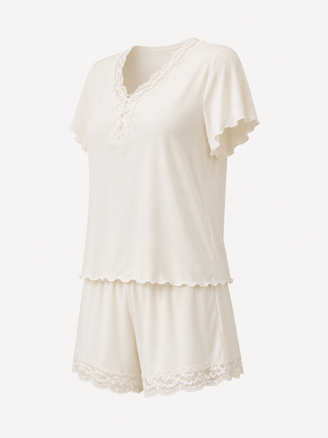 Lace Trim Flutter Sleeve Short Pajama Set - product image 5 | CERYNA