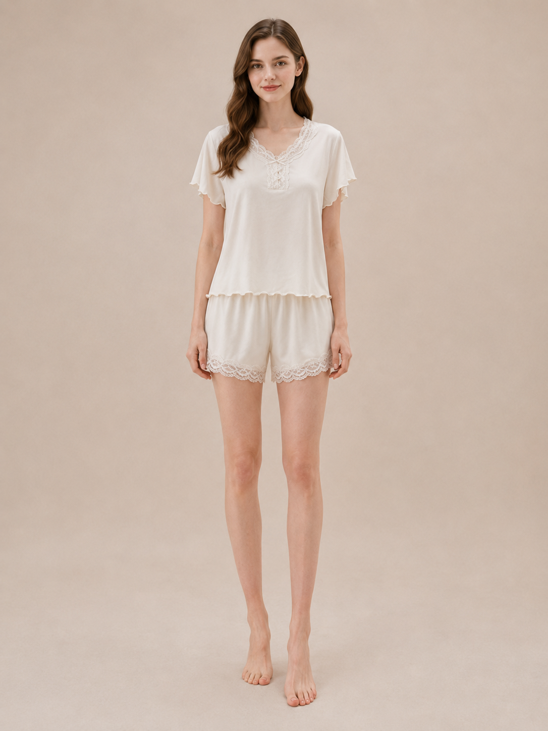 Lace Trim Flutter Sleeve Short Pajama Set