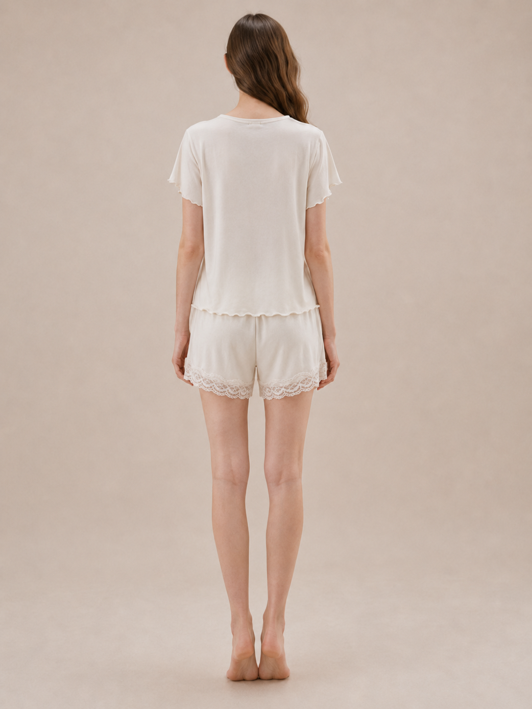 Lace Trim Flutter Sleeve Short Pajama Set - product image 3 | CERYNA