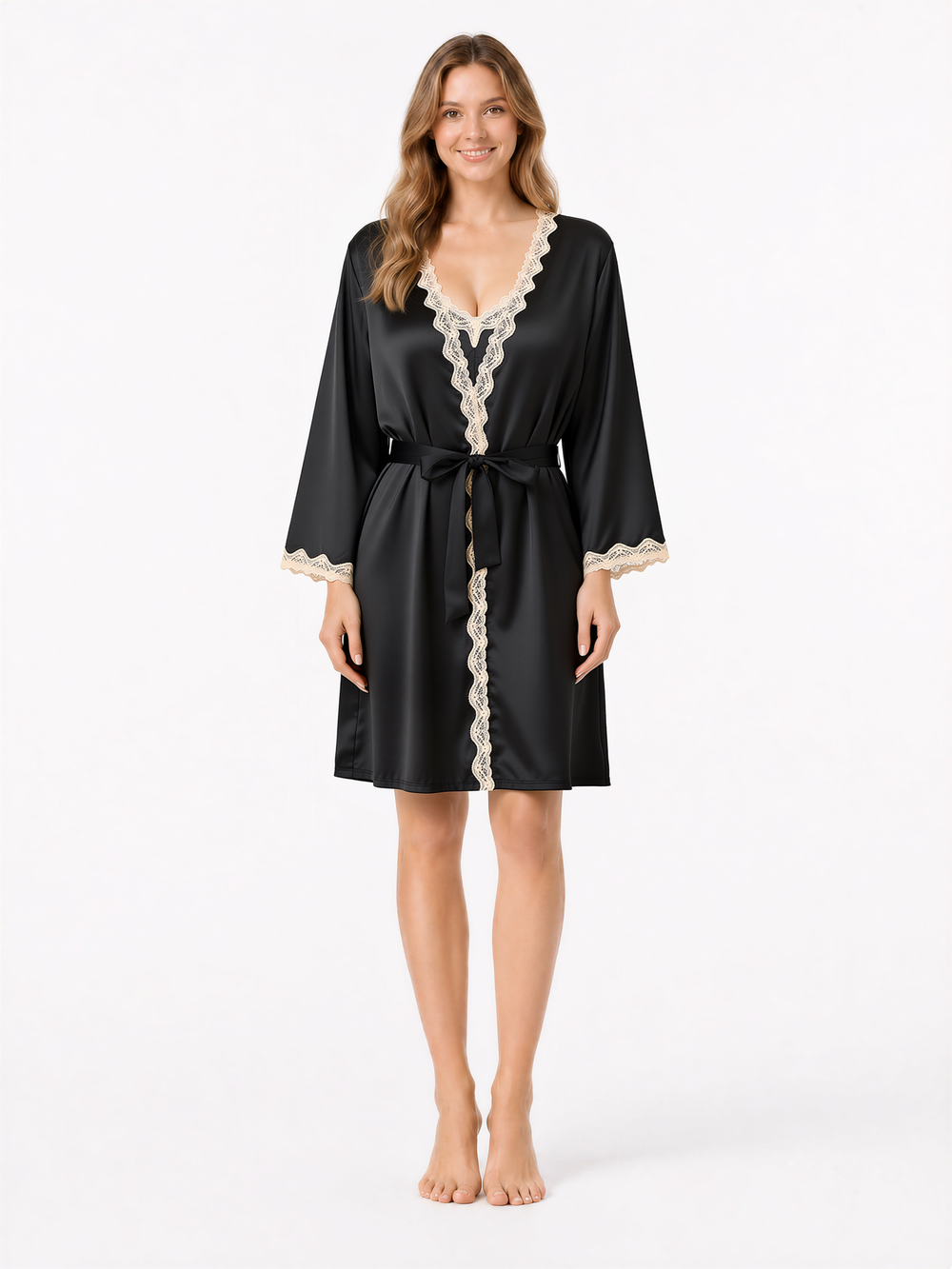 Aurora black lace-trim satin robe front view