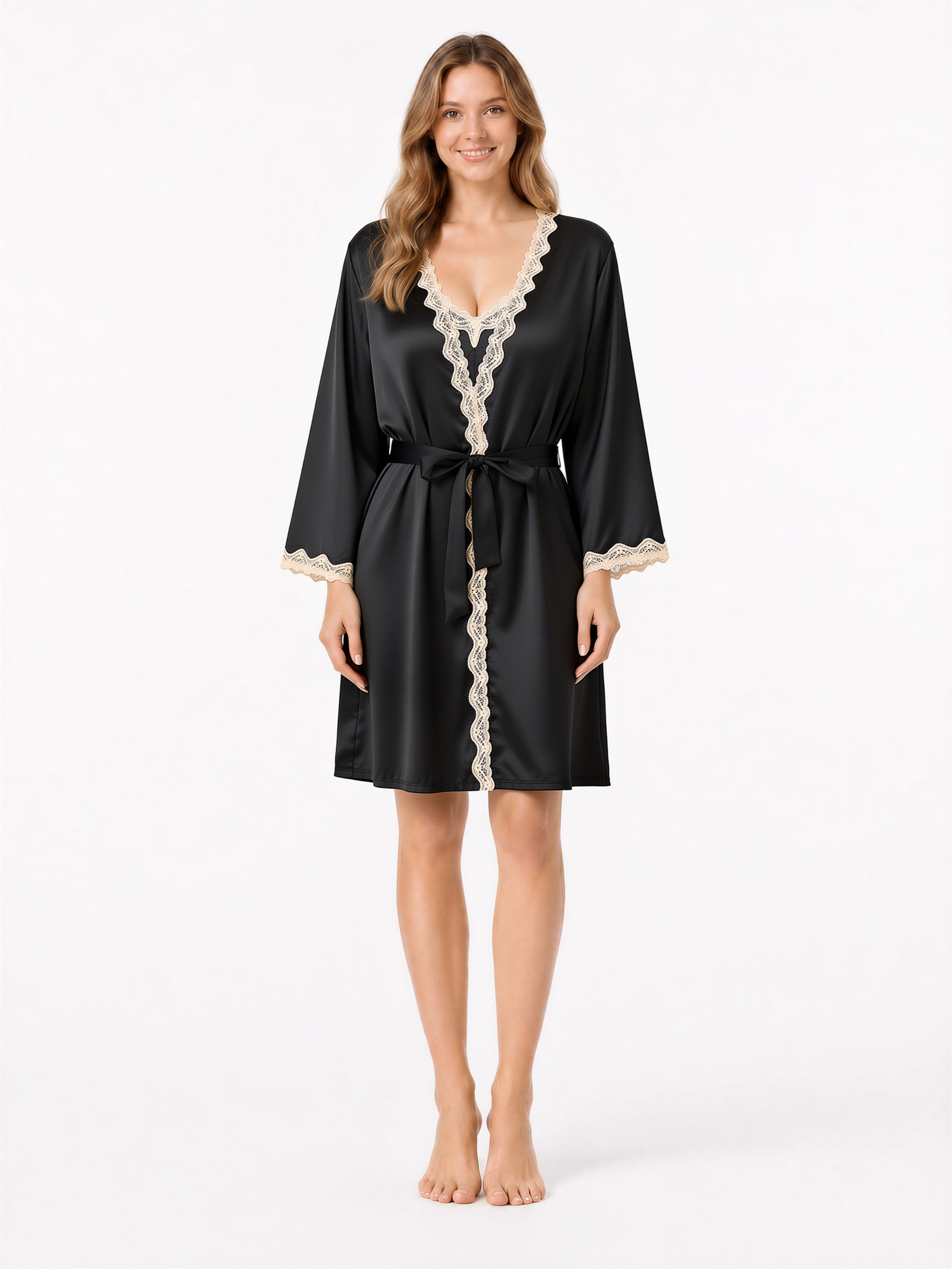 Aurora black lace-trim satin robe front view