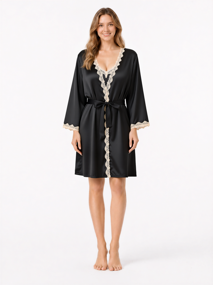 Aurora black lace-trim satin robe front view